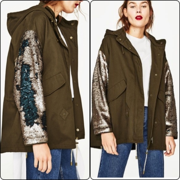 🏵️💚 Zara Women's Sequin Sleeve Parka - Picture 1 of 3